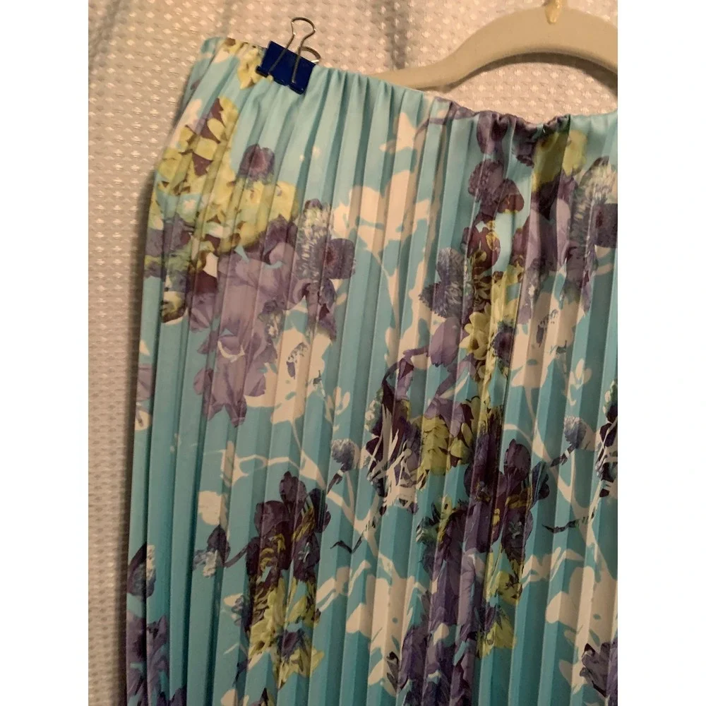 Worthington Womens Blue Purple Floral Pleated Midi Skirt Large Elastic‎ Waist